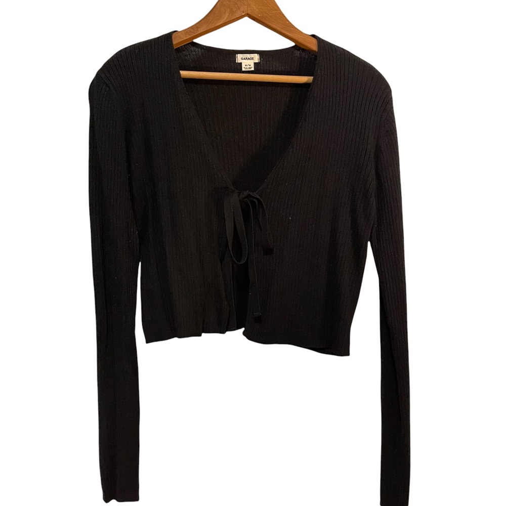Garage tie up rib-knit cropped cardigan